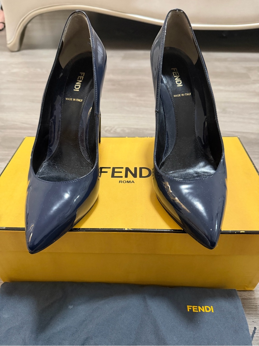 Fendi Navy Patent Leather Pointed-Toe Pumps